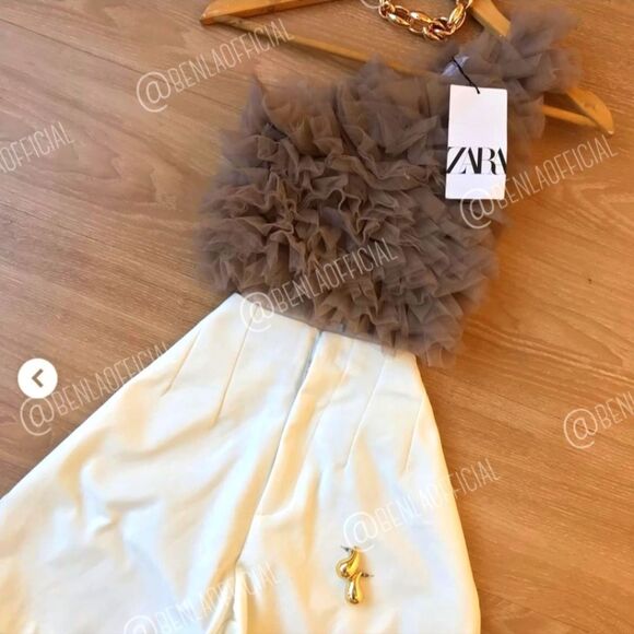 ZARA  ZARA TULLE CROP TOP taupe - Picture 1 of 16